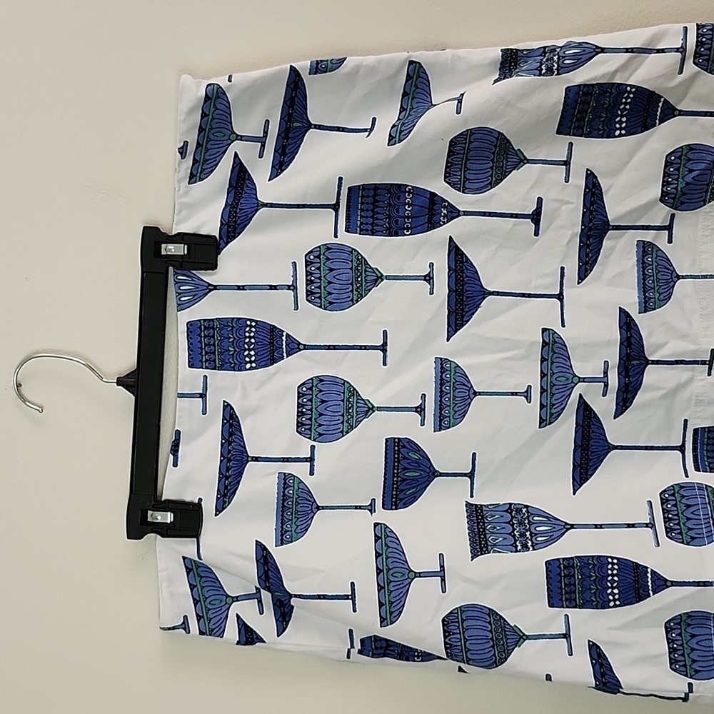 Talbots linen cotton mini skirt glass cup print blue white coastal women sz 14. - Picture 2 of 8